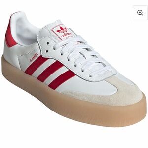 adidas Samba Classic Leather Sneaker in White, Red and Gum-worn once